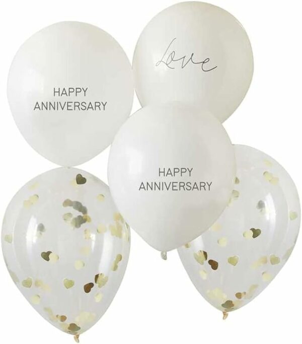 Ballons "Happy Anniversary" blancs et confettis dorés