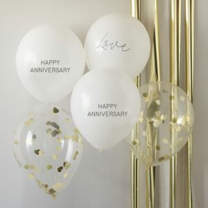 Ballons "Happy Anniversary" blancs et confettis dorés