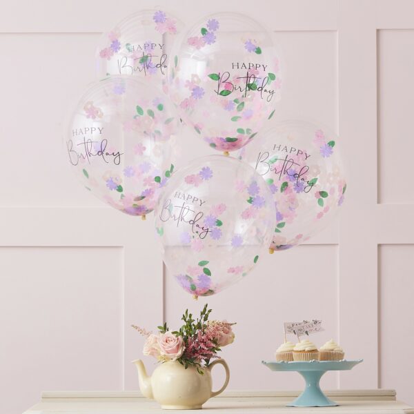 Ballons Happy Birthday à confettis floraux